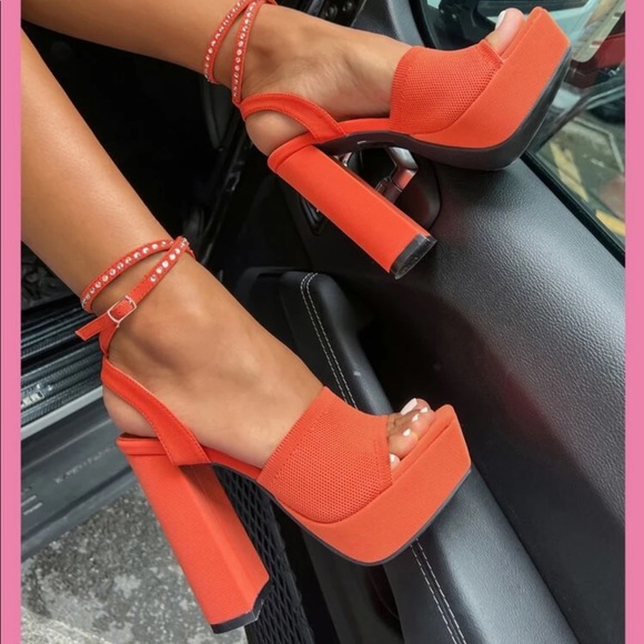 heels Shoes - New Never Worn Orange Rhinestone Strapy Platform Sandal Heels